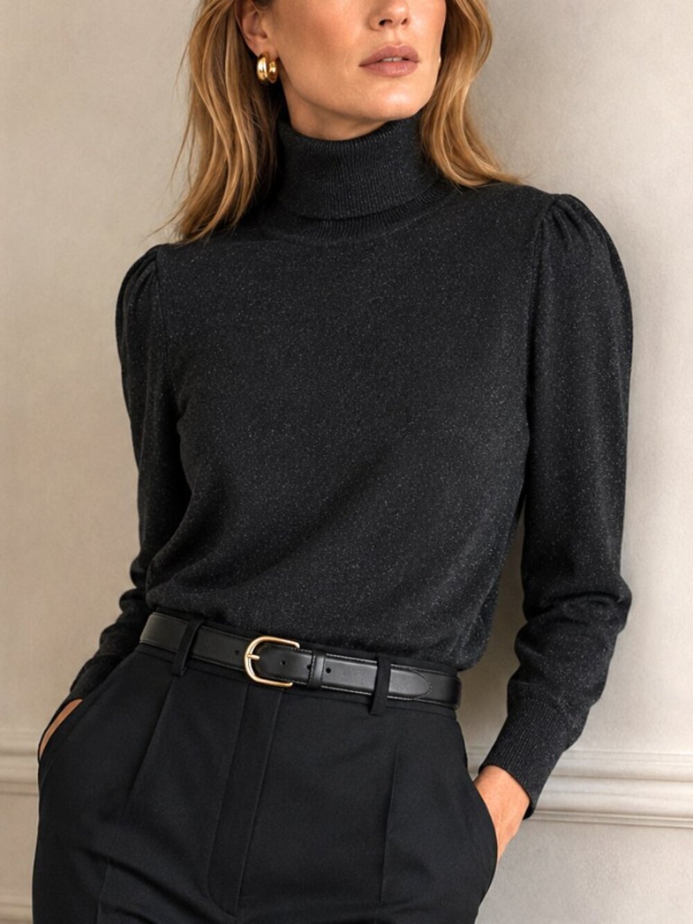 Lauren Ralph Lauren Black Metallic Cotton Modal Turtleneck Size M